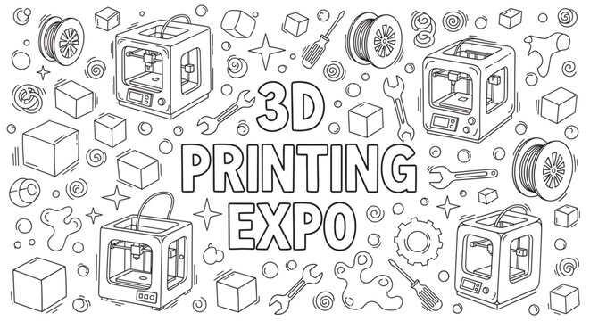 Hand drawn banner for a 3d printing expo event. Doodle style collection of printers, filament spools, and tools representing additive manufacturing and prototyping technology
