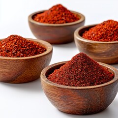 Four wooden bowls filled with finely ground red chili powder placed on a white background, showing different textures and shades of spice for cooking or seasoning