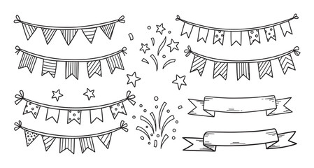 Hand drawn party bunting flags with various patterns and shapes. Doodle style celebration elements including scattered confetti, stars, and decorative ribbon banners