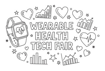Wearable health tech fair concept with a smartwatch displaying heart rate. Outline drawing featuring data graphs, hearts, and stars for event promotion