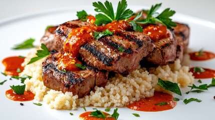Succulent grilled steak slices topped with spicy tomato sauce and fresh parsley served over creamy couscous with vibrant herbs on a clean white plate