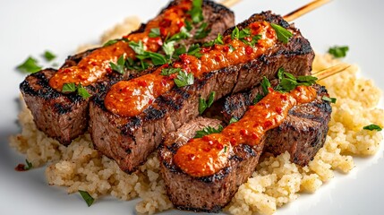 Juicy grilled beef skewers topped with rich sauce and fresh herbs served over a bed of fluffy couscous for a flavorful gourmet meal