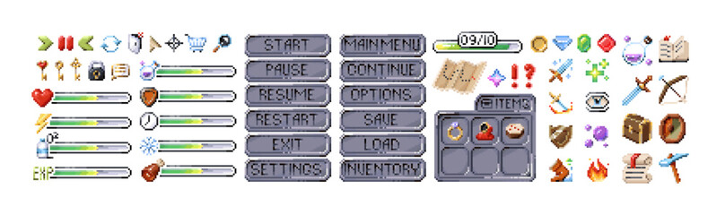 Fototapeta na wymiar Elements of pixel game menu set. Icons of 8bit videogames. 8 bit items and buttons of start and pause, bars of health and power. Retro UI of resources. Flat isolated vector illustrations on white