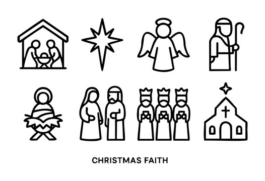 A set of simple line icons depicting key figures and symbols of the Christmas nativity story and Christian faith. Includes the Holy Family, the star of Bethlehem, an angel, a shepherd, the three wise 