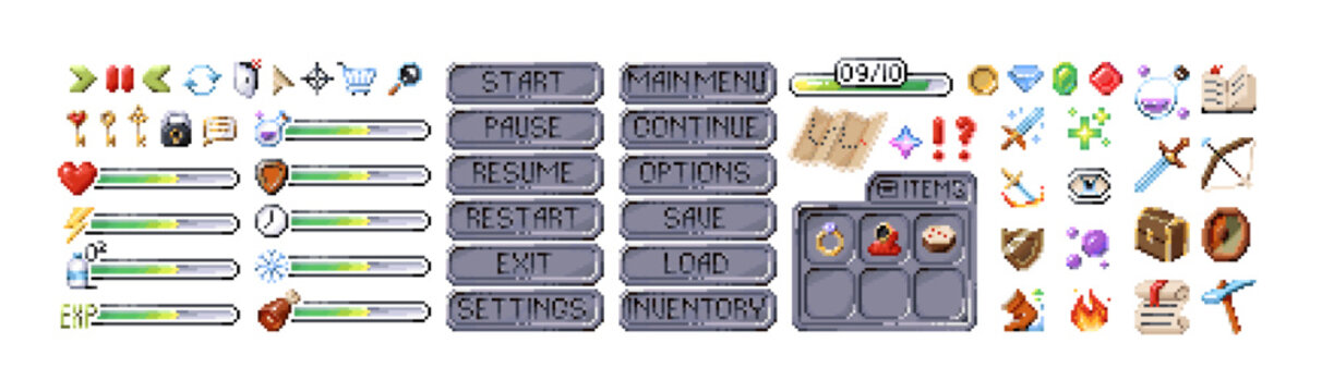 Elements of pixel game menu set. Icons of 8bit videogames. 8 bit items and buttons of start and pause, bars of health and power. Retro UI of resources. Flat isolated vector illustrations on white