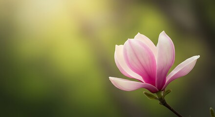 Close up of a pink magnolia flower in bloom with soft focus background
