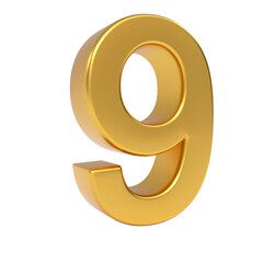 Shiny golden three dimensional number nine (9) isolated on a neutral light background