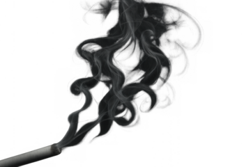 Cigarette emitting black smoke with curly trails on transparent background symbolizing addiction and pollution