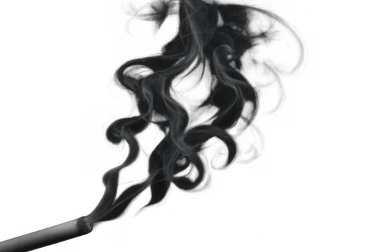 Cigarette emitting black smoke with curly trails on transparent background symbolizing addiction and pollution