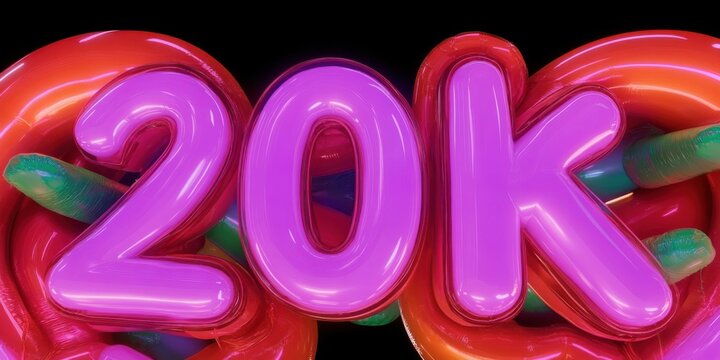 Bright colorful 20k balloon design highlights achievement or milestone event. Vibrant glowing numbers for celebration social media announcement