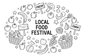 Local food festival concept with fresh farm produce in a doodle style. Hand drawn set of organic fruits and vegetables for a farmers market event or healthy eating promotion