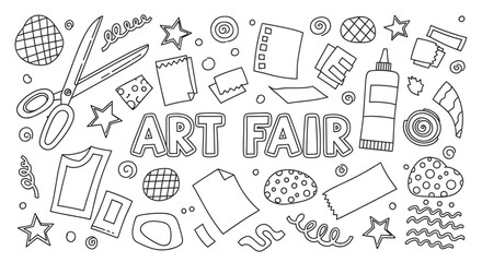 Art fair lettering with doodle elements for a creative event or workshop. Hand drawn set of craft supplies like scissors, glue, and paper for a school project banner