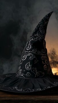 Vertical video: Casting warm glow behind black hat on table, with smoke swirling over scrollwork