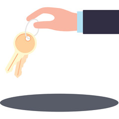 Hand holding two keys on a ring with a shadow beneath it on a white background
