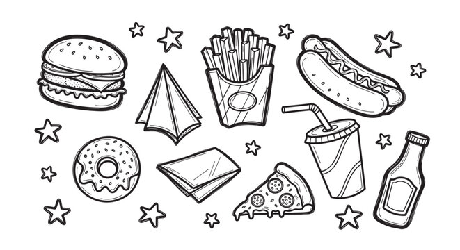 A hand drawn set of fast food icons in a doodle style. Collection of junk food elements like burger, pizza, and hot dog for menu design or coloring book pages