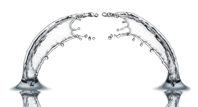 Blue water splash two arcs of water splashing towards each other