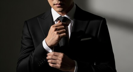 businessman adjusting his cufflinks in a black suit, sophisticated studio lighting and minimalist composition.