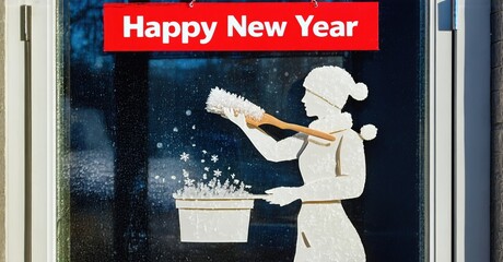 Festive scene depicts woman cleaning window. Snowflakes fall, holiday greeting visible above glass surface. Winter ambiance present.