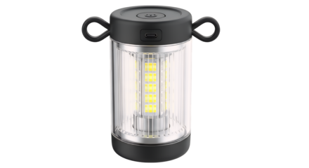 A modern black portable LED camping lantern with dual hanging loops, featuring bright light strips for outdoor illumination, isolated on a clean transparent background