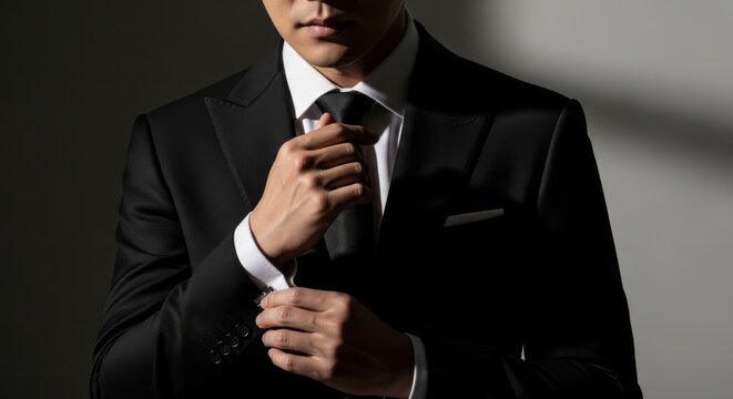 businessman adjusting his cufflinks in a black suit, sophisticated studio lighting and minimalist composition.