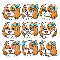 Obraz premium A set of cute anime dogs illustrations in various clothes doing different activities with different expressions. Stickers or badges.Cavalier King Charles Spaniel