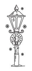 Naklejka premium Christmas street lamp decorated with a festive wreath and bow. Winter holiday line art with snowflakes for seasonal celebration. Vintage lamppost icon for greeting cards