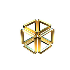 Golden 3D abstract cube structure composed of six interconnected glossy metallic pyramid faces