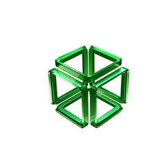 Abstract 3D green glowing cube structure composed of six interconnected pyramid faces geometry