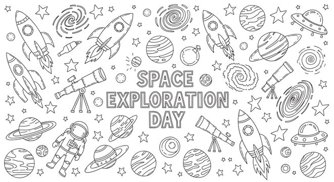 Doodle set for space exploration day with rockets, planets and an astronaut. Black and white outline collection for a children's coloring book page or educational banner