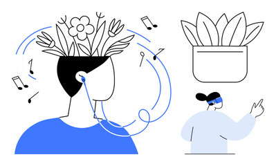 Person with plants growing from head, headphones, floating notes, potted plant, and gesturing figure. Ideal for creativity, mental health, mindfulness, innovation relaxation personal growth music