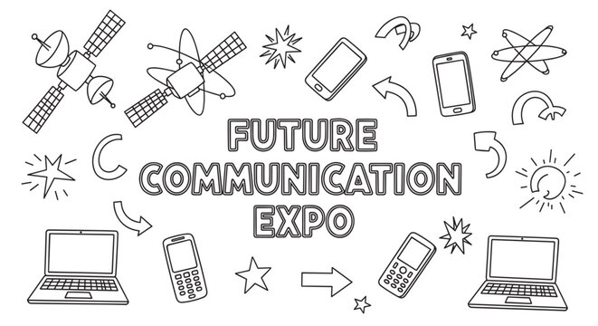 Future communication expo banner with hand drawn technology icons. Doodle set of satellite, laptop, and smartphone elements for a science and innovation event concept - Powered by Adobe