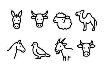A set of eight simple line icons depicting various farm animals and a bird. The icons are in black and white with bold outlines, suitable for use in a variety of applications.