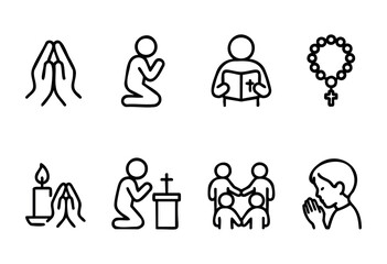 A set of eight line art icons depicting various aspects of prayer and faith, including praying hands, kneeling figures, reading the bible, a rosary, a lit candle, and a family praying together.