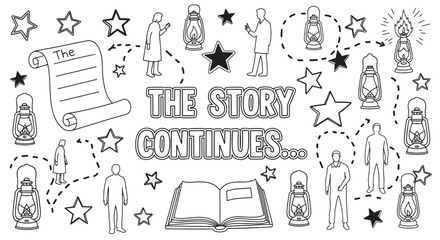 Fototapeta premium The story continues concept with people on a narrative journey. Hand drawn doodle set with lanterns, stars, and an open book for storytelling, adventure, or history themes
