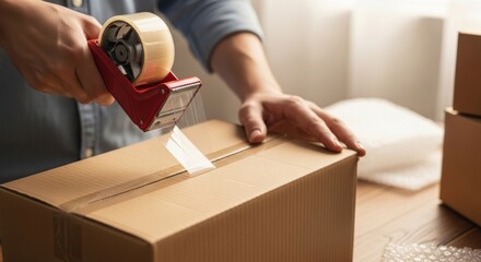Hands Sealing a Cardboard Box with Clear Packing Tape ,Moving and Shipping Concept