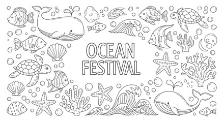 Ocean festival concept with cute sea animals in a doodle style. Hand drawn black and white outline for kids activity book. Cartoon underwater world collection for coloring pages