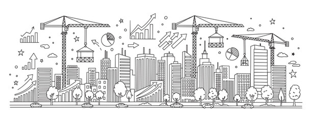 Obraz premium Urban development and city construction with cranes building skyscrapers. Business growth concept with financial charts and graphs. Doodle line art banner for real estate themes