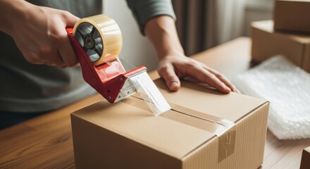 Hands Sealing a Cardboard Box with Clear Packing Tape ,Moving and Shipping Concept