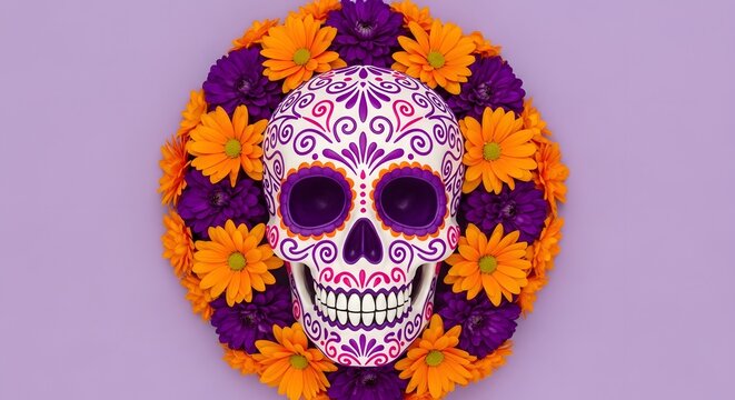 Ornate sugar skull adorned with vibrant marigolds and purple flowers