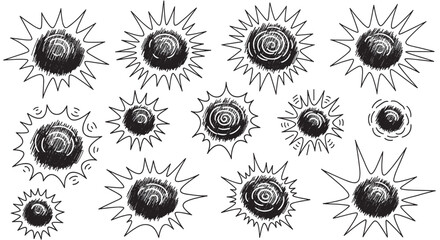 Collection of sketchy comic book explosion icons for sound effects. Hand drawn doodle starburst and bang shapes for creating dynamic and energetic graphic designs