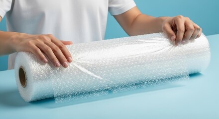 Hands Unrolling Bubble Wrap on a Light Blue Background ,Minimalist Studio Concept