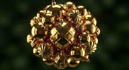 A golden sphere made of many different shapes and sizes of ornaments is a beautiful and festive decoration
