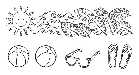 Hand drawn summer beach icon collection in a black and white outline style. Set of doodle elements including sun, waves, tropical leaves, ball, sunglasses, and flip flops