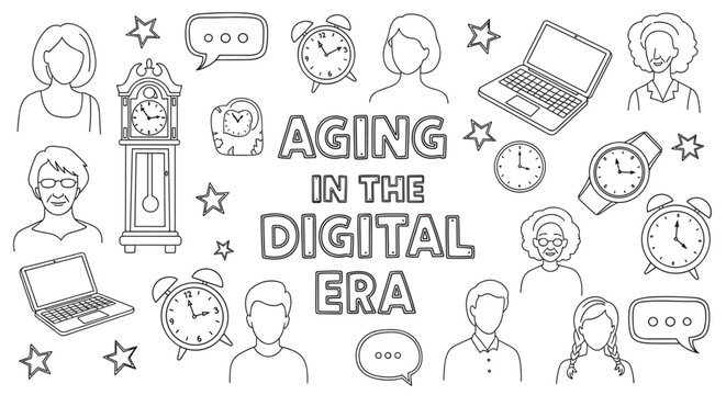Aging in the digital era concept with hand drawn doodle icons. Collection of diverse people, clocks, and laptops representing technology and the passage of time