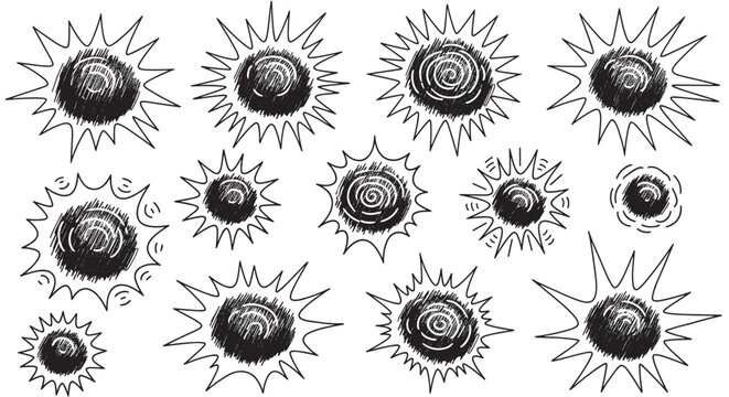 Collection of sketchy comic book explosion icons for sound effects. Hand drawn doodle starburst and bang shapes for creating dynamic and energetic graphic designs
