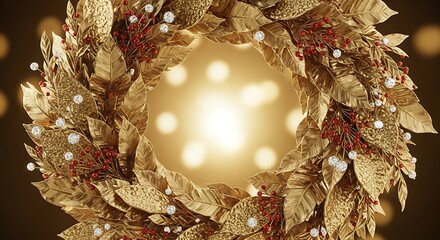Festive golden christmas wreath with red berries and sparkling silver accents, creating a warm and inviting holiday atmosphere