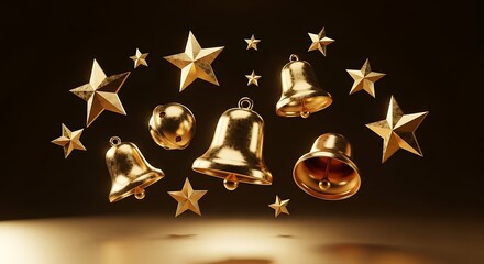 Collection of shiny golden christmas ornaments, including bells and stars, arranged against a dark background with soft lighting