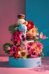 Colorful artistic cake decorated with vibrant flowers, ice cream scoops, and macarons on a pink and blue background, radiating creativity and freshness