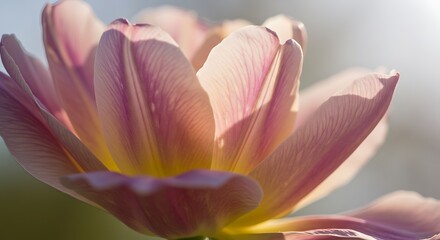 Close up of a pink tulip flower with soft petals and sunlight details