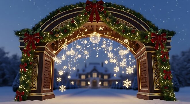 Magical christmas archway adorned with lights, snowflakes, and bows, leading to a snowcovered mansion in a winter wonderland